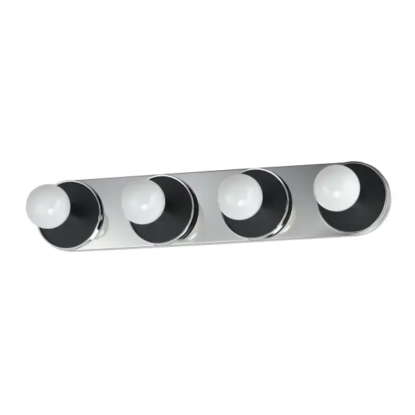 Get ready for your closeup. This collection of streamlined vanity lights are available in glamorous two tone finishes. Select from Polished Chrome with reversible Black and White plates or Natural Aged Brass with Matte Black or Spanish Alabaster plates. Globes of LED G25 lamps are available with the fixture. Collection: Hollywood Finish: Polished Chrome Glass: White Width: 26.50" Height: 5.00" Weight: 3.61 lb Extension from Wall: 2.50" Wire: 8" Canopy: 5"x26.5" Number of Bulbs: 4 Maximum Wattage: 60.00 W Bulb Type: G25 Bulb Base: E26 Medium Light Source: Incandescent Dimmable Voltage: 120.00 V Material: Steel, Aluminum, Ceramics Safety Listing: cETLus Safety Rating: Damp ADA Manufacturer Warranty: 2 Spec Sheet Instructions