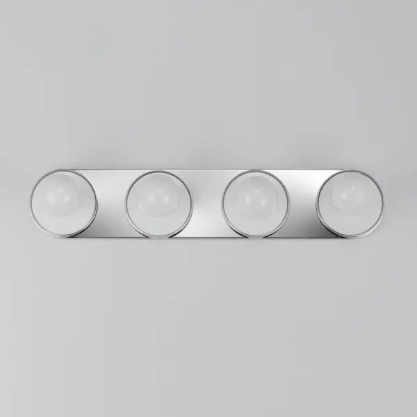 Get ready for your closeup. This collection of streamlined vanity lights are available in glamorous two tone finishes. Select from Polished Chrome with reversible Black and White plates or Natural Aged Brass with Matte Black or Spanish Alabaster plates. Globes of LED G25 lamps are available with the fixture. Collection: Hollywood Finish: Polished Chrome Glass: White Width: 26.50" Height: 5.00" Weight: 3.61 lb Extension from Wall: 2.50" Wire: 8" Canopy: 5"x26.5" Number of Bulbs: 4 Maximum Wattage: 60.00 W Bulb Type: G25 Bulb Base: E26 Medium Light Source: Incandescent Dimmable Voltage: 120.00 V Material: Steel, Aluminum, Ceramics Safety Listing: cETLus Safety Rating: Damp ADA Manufacturer Warranty: 2 Spec Sheet Instructions - alternate view