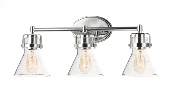 This nautical-inspired collection features Clear Seedy glass cones suspended by a yoke frame. The clear glass offers abundant lighting and compliments the styling of the fixture. Make it a more industrial look by adding filament E26 light bulbs. Collection: Seafarer Finish: Polished Chrome Glass: Seedy Width: 24.25" Height: 10.00" Weight: 5.50 lb Extension from Wall: 7.00" Wire: 8" Canopy: 4.5"x7" Number of Bulbs: 3 Maximum Wattage: 60.00 W Bulb Type: A19 Bulb Base: E26 Medium Light Source: Incandescent Light Output: 1800.00 lm Dimmable Voltage: 120.00 V Material: Steel, Glass Safety Listing: cETLus Safety Rating: Damp Manufacturer Warranty: 1 Spec Sheet Instructions Parts Diagram