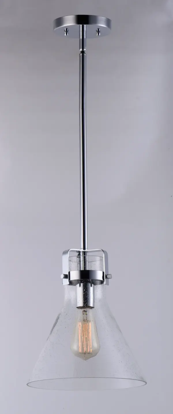 This nautical-inspired collection features Clear Seedy glass cones suspended by a yoke frame. The clear glass offers abundant lighting and compliments the styling of the fixture. Make it a more industrial look by adding filament E26 light bulbs. Collection: Seafarer Finish: Polished Chrome Glass: Seedy Width: 10.00" Height: 11.50" Length: 10.00" Weight: 4.85 lb Wire: 120" Canopy: 5"x5"x1" Number of Bulbs: 1 Maximum Wattage: 60.00 W Bulb Type: A19 Bulb Base: E26 Medium Light Source: Incandescent Dimmable Voltage: 120.00 V Material: Steel, Glass Safety Listing: cULus Safety Rating: Dry Spec Sheet Instructions Parts Diagram - alternate view