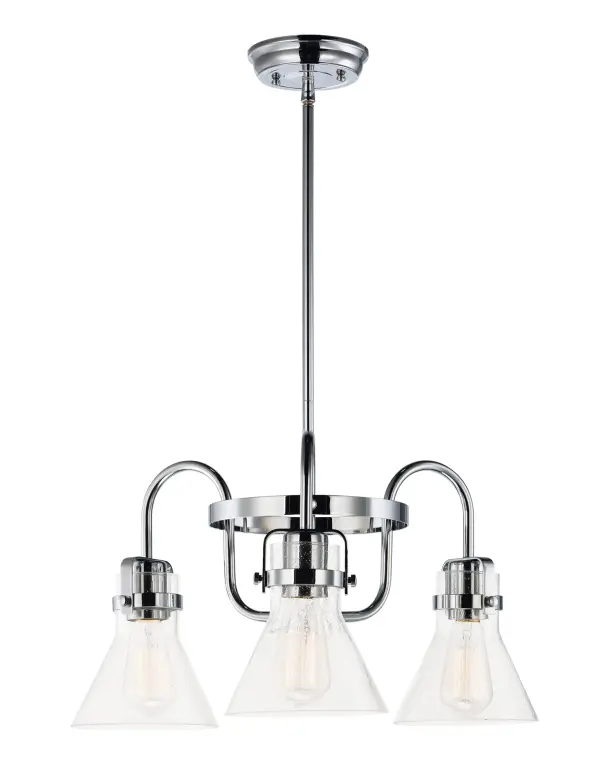 This nautical-inspired collection features Clear Seedy glass cones suspended by a yoke frame. The clear glass offers abundant lighting and compliments the styling of the fixture. Make it a more industrial look by adding filament E26 light bulbs. Collection: Seafarer Finish: Polished Chrome Glass: Seedy Width: 21.50" Height: 10.75" Length: 21.50" Weight: 6.82 lb Wire: 120" Canopy: 5"x5"x0.75" Number of Bulbs: 3 Maximum Wattage: 60.00 W Bulb Type: A19 Bulb Base: E26 Medium Light Source: Incandescent Dimmable Voltage: 120.00 V Material: Steel, Glass Safety Listing: cETLus Safety Rating: Dry Manufacturer Warranty: 1 Spec Sheet Instructions Parts Diagram