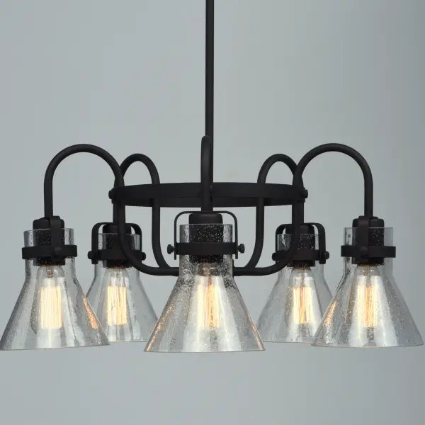 This nautical-inspired collection features Clear Seedy glass cones suspended by a yoke frame. The clear glass offers abundant lighting and compliments the styling of the fixture. Make it a more industrial look by adding filament E26 light bulbs. - alternate view