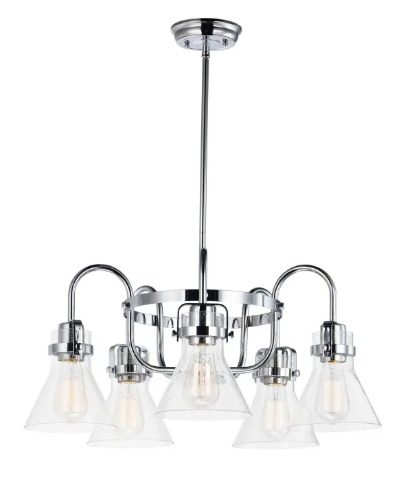 This nautical-inspired collection features Clear Seedy glass cones suspended by a yoke frame. The clear glass offers abundant lighting and compliments the styling of the fixture. Make it a more industrial look by adding filament E26 light bulbs. Collection: Seafarer Finish: Polished Chrome Glass: Seedy Width: 23.75" Height: 10.75" Length: 23.75" Weight: 10.34 lb Wire: 120" Canopy: 5"x5"x0.75" Number of Bulbs: 5 Maximum Wattage: 60.00 W Bulb Type: A19 Bulb Base: E26 Medium Light Source: Incandescent Dimmable Voltage: 120.00 V Material: Steel, Glass Safety Listing: cETLus Safety Rating: Dry Manufacturer Warranty: 1 Spec Sheet Instructions Parts Diagram