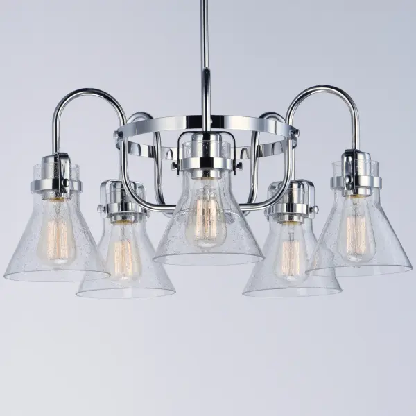 This nautical-inspired collection features Clear Seedy glass cones suspended by a yoke frame. The clear glass offers abundant lighting and compliments the styling of the fixture. Make it a more industrial look by adding filament E26 light bulbs. Collection: Seafarer Finish: Polished Chrome Glass: Seedy Width: 23.75" Height: 10.75" Length: 23.75" Weight: 10.34 lb Wire: 120" Canopy: 5"x5"x0.75" Number of Bulbs: 5 Maximum Wattage: 60.00 W Bulb Type: A19 Bulb Base: E26 Medium Light Source: Incandescent Dimmable Voltage: 120.00 V Material: Steel, Glass Safety Listing: cETLus Safety Rating: Dry Manufacturer Warranty: 1 Spec Sheet Instructions Parts Diagram - alternate view