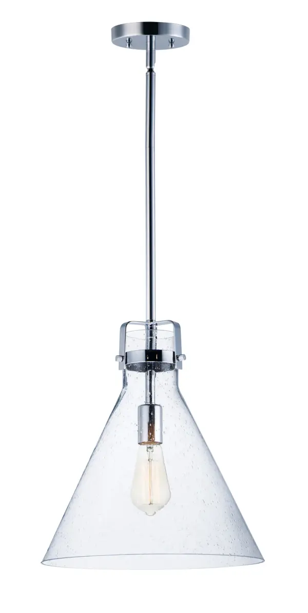This nautical-inspired collection features Clear Seedy glass cones suspended by a yoke frame. The clear glass offers abundant lighting and compliments the styling of the fixture. Make it a more industrial look by adding filament E26 light bulbs. Collection: Seafarer Finish: Polished Chrome Glass: Seedy Width: 14.00" Height: 15.75" Length: 14.00" Weight: 6.84 lb Wire: 120" Canopy: 5"x5"x1" Number of Bulbs: 1 Maximum Wattage: 60.00 W Bulb Type: A19 Bulb Base: E26 Medium Light Source: Incandescent Dimmable Voltage: 120.00 V Material: Steel, Glass Safety Listing: cULus Safety Rating: Dry Spec Sheet Instructions Parts Diagram
