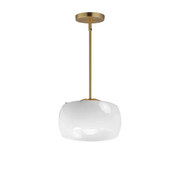 Balancing sculptural form with a soft, luminous finish, the Glazed collection brings elevated ease to transitional interiors. Each piece features rounded rings of glossy white glass, thoughtfully proportioned to diffuse light with a gentle, even glow. A minimalist metal frame in either Natural Aged Brass or Matte Black adds quiet structure and a hint of contrast. Available in chandeliers, pendants, and flush mounts, Glazed offers a clean, contemporary update to classic silhouettes--perfect for kitchens, dining areas, and intimate gathering spaces. Collection: Glazed Finish: White/Natural Aged Brass Width: 11.00" Height: 6.50" Length: 11.00" Weight: 3.96 lb Wire: 120" Canopy: 5"x5"x0.75" Number of Bulbs: 1 Maximum Wattage: 60.00 W Bulb Type: E26 Bulb Base: E26 Medium Light Source: Incandescent Voltage: 120.00 V Material: Steel, Glass Safety Listing: cETLus Safety Rating: Dry Manufacturer Warranty: 2 Spec Sheet