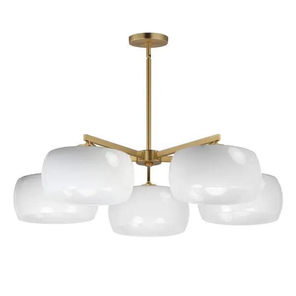 Glazed Five Light Chandelier in White/Natural Aged Brass - Image 1