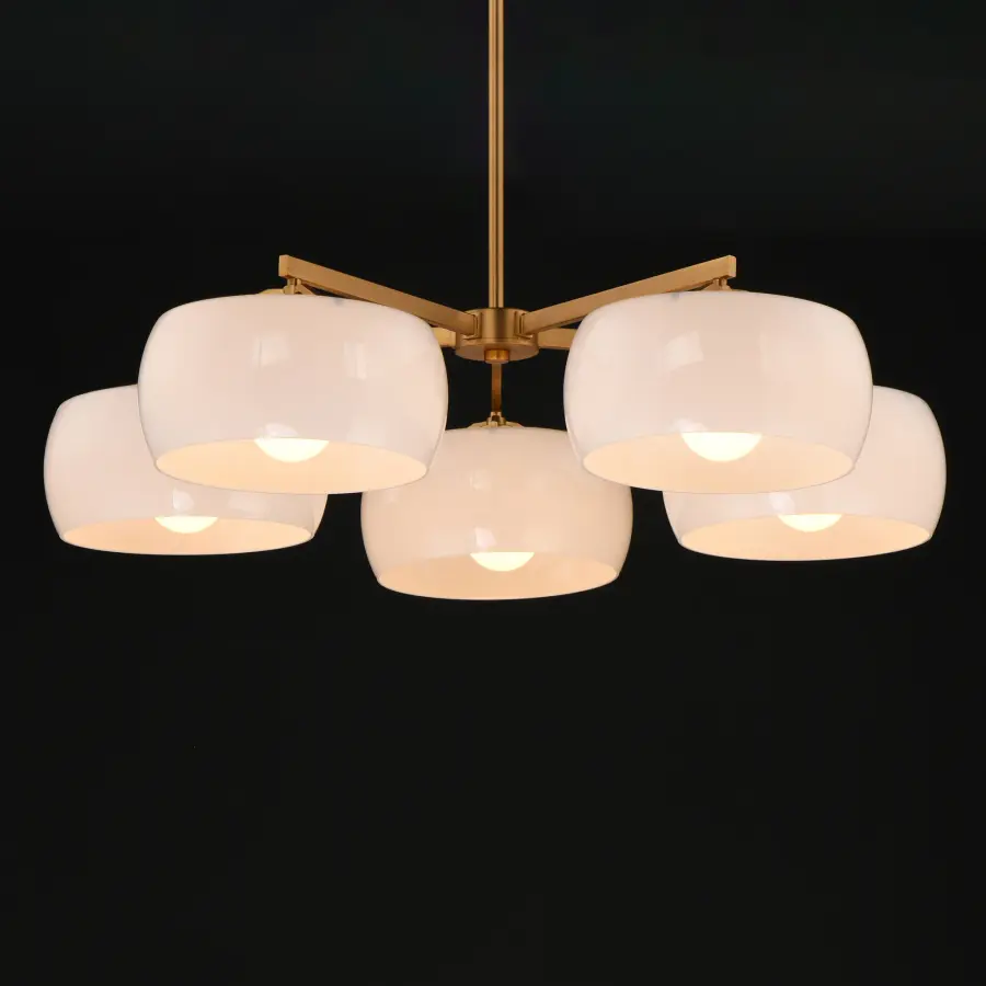 Glazed Five Light Chandelier in White/Natural Aged Brass - Image 3
