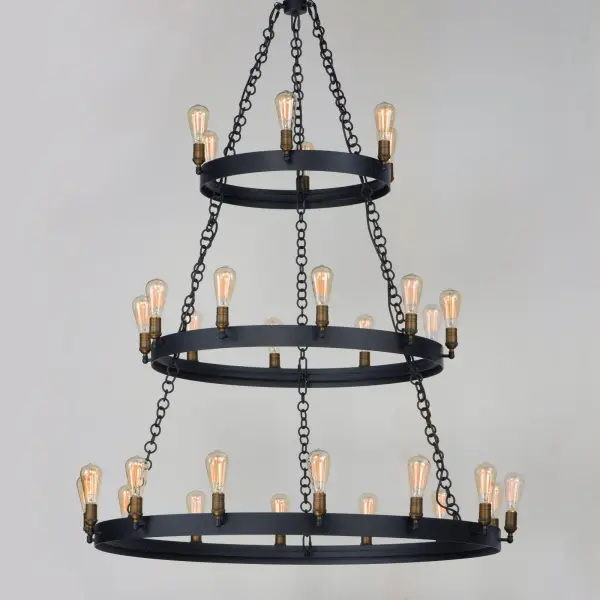 As stately as its name, these heavy weight rings finished in Black support cast Natural Aged Brass sockets.  Handmade round ring chain is used that adds to the authenticity of this antique reproduction. - alternate view