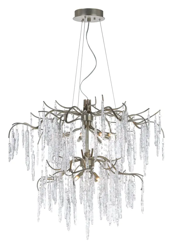 Metal is formed in a branch-like design and finished in a rich Silver Gold. Handmade pendants of Piastra like Ice glass are draped from the frame to complete this designer look.
