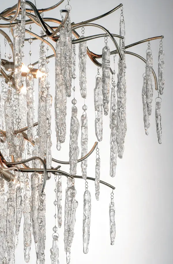 Metal is formed in a branch-like design and finished in a rich Silver Gold. Handmade pendants of Piastra like Ice glass are draped from the frame to complete this designer look. - alternate view