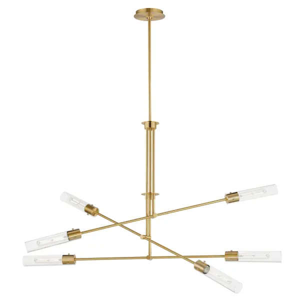 Dramatically modern, individually supported rods run through a series of flat circular disks adding interest to the elongated adjustable arms that can be configured according to how you choose to position them. Finished in Naturally Aged Brass and Matte Black finishes, the frames terminate at their ends with LED tubular lamps supplied and shrouded in long cylindrical glass shades secured with pins at the fixture's sockets. The characteristic details and warm filament light source add industrial flair making the collection's modern configuration suitable to a wider array of transitional styling. Collection: Equilibrium Finish: Natural Aged Brass Glass: Clear Width: 51.75" Height: 33.00" Length: 51.75" Weight: 13.90 lb Wire: 120" Canopy: 5"x5"x0.75" Bulbs Included Number of Bulbs: 6 Maximum Wattage: 6.00 W Bulb Type: T10 Bulb Base: E26 Medium Light Source: LED Light Output: 2880.00 lm Color Temperature: 2700 K CRI: 90 Dimmable Rated Average Life: 25000 Voltage: 120.00 V Material: Steel, Glass Safety Listing: cETLus Safety Rating: Dry LED Spec Sheet Instructions