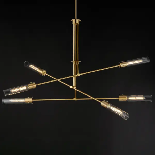Dramatically modern, individually supported rods run through a series of flat circular disks adding interest to the elongated adjustable arms that can be configured according to how you choose to position them. Finished in Naturally Aged Brass and Matte Black finishes, the frames terminate at their ends with LED tubular lamps supplied and shrouded in long cylindrical glass shades secured with pins at the fixture's sockets. The characteristic details and warm filament light source add industrial flair making the collection's modern configuration suitable to a wider array of transitional styling. Collection: Equilibrium Finish: Natural Aged Brass Glass: Clear Width: 51.75" Height: 33.00" Length: 51.75" Weight: 13.90 lb Wire: 120" Canopy: 5"x5"x0.75" Bulbs Included Number of Bulbs: 6 Maximum Wattage: 6.00 W Bulb Type: T10 Bulb Base: E26 Medium Light Source: LED Light Output: 2880.00 lm Color Temperature: 2700 K CRI: 90 Dimmable Rated Average Life: 25000 Voltage: 120.00 V Material: Steel, Glass Safety Listing: cETLus Safety Rating: Dry LED Spec Sheet Instructions - alternate view