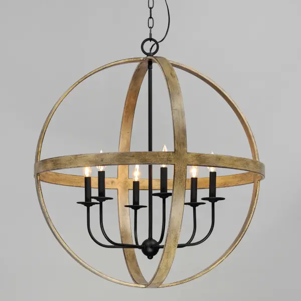 The sphere has become one the most popular styles in lighting decor today. Our latest entry to this category is constructed of heavy channel metal finished in either Barn Wood or Antique Pecan both with Black accents. Now you can enjoy the beauty of wood with the durability and affordable price of metal. - alternate view