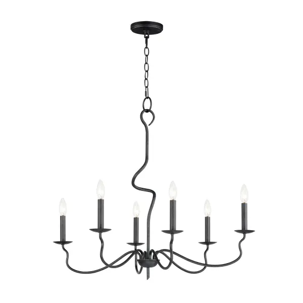 The sinuous form of thin arms outstretch and curve in a classic forged iron chandelier design. It seduces its audience with a wild turn at its center stem that ends with a charming hook detail replacing the conventional top loop. Completed in a Black Oxide finish, this collection combines the best elements of Spanish Revival and French Country design in boldly spanning diameters.