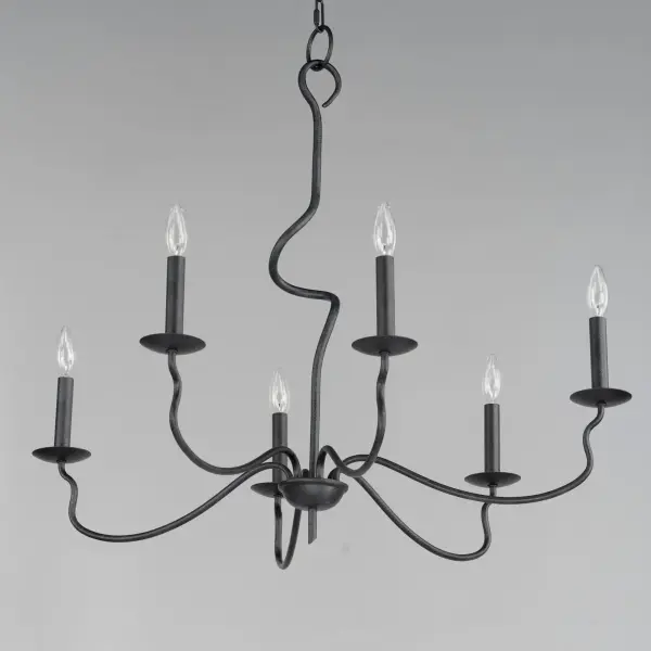 The sinuous form of thin arms outstretch and curve in a classic forged iron chandelier design. It seduces its audience with a wild turn at its center stem that ends with a charming hook detail replacing the conventional top loop. Completed in a Black Oxide finish, this collection combines the best elements of Spanish Revival and French Country design in boldly spanning diameters. - alternate view