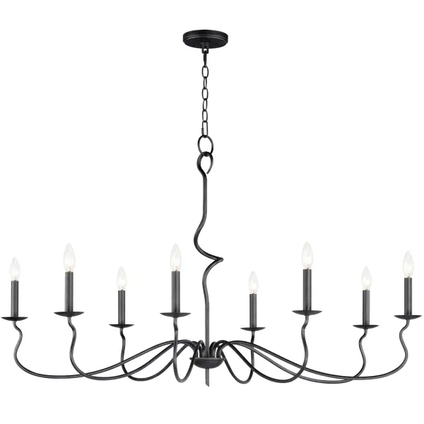 The sinuous form of thin arms outstretch and curve in a classic forged iron chandelier design. It seduces its audience with a wild turn at its center stem that ends with a charming hook detail replacing the conventional top loop. Completed in a Black Oxide finish, this collection combines the best elements of Spanish Revival and French Country design in boldly spanning diameters.
