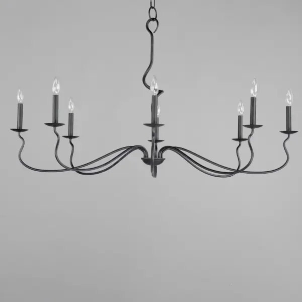 The sinuous form of thin arms outstretch and curve in a classic forged iron chandelier design. It seduces its audience with a wild turn at its center stem that ends with a charming hook detail replacing the conventional top loop. Completed in a Black Oxide finish, this collection combines the best elements of Spanish Revival and French Country design in boldly spanning diameters. - alternate view