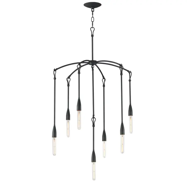Simple with rustic elements, elongated rods are tiered with a forged iron hook and loop detail in multiple configurations. The fixtures' textured Anthracite finish enhances the artistry of the forged iron construction. Available in multi-pendant configurations as well as a single pendant and sconce. Use tubular filament lamps to accentuate the verticality of the design.