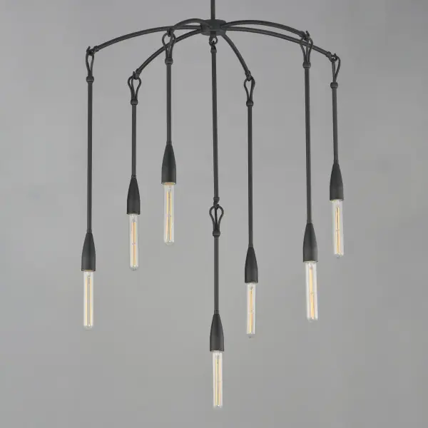 Simple with rustic elements, elongated rods are tiered with a forged iron hook and loop detail in multiple configurations. The fixtures' textured Anthracite finish enhances the artistry of the forged iron construction. Available in multi-pendant configurations as well as a single pendant and sconce. Use tubular filament lamps to accentuate the verticality of the design. - alternate view