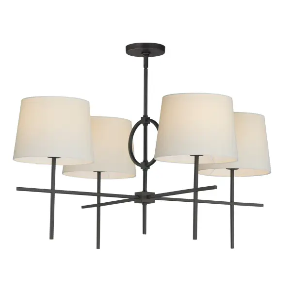 A clean frame with an oversized ring detail is finished in Charcoal Bronze. Featuring oversized Off-White Linen shades on two configurations of pendants, the collection also includes a two-tier chandelier and wall sconce.