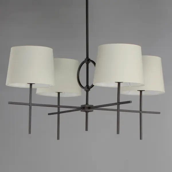 A clean frame with an oversized ring detail is finished in Charcoal Bronze. Featuring oversized Off-White Linen shades on two configurations of pendants, the collection also includes a two-tier chandelier and wall sconce. - alternate view