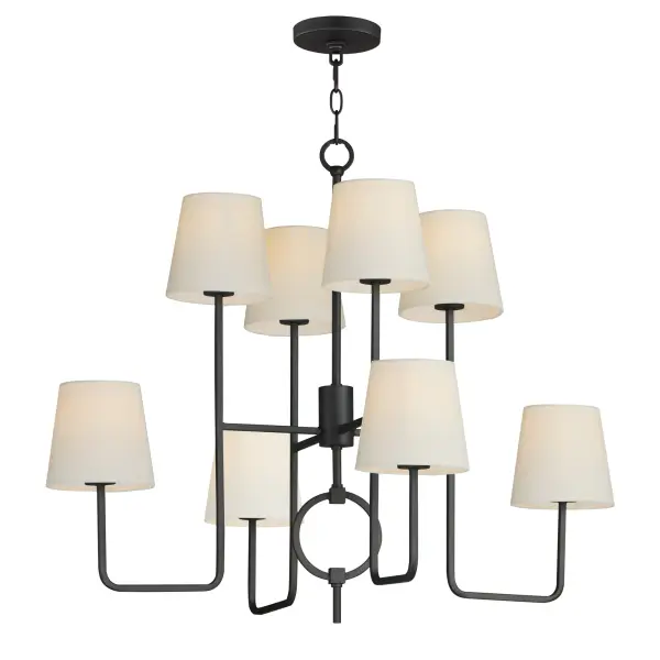 A clean frame with an oversized ring detail is finished in Charcoal Bronze. Featuring oversized Off-White Linen shades on two configurations of pendants, the collection also includes a two-tier chandelier and wall sconce.