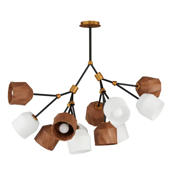 This stylish modern chandelier combines solid wood shades with warm bronze and brass tones for a striking, transitional look. Featuring arms akimbo, the design pairs walnut-stained oak with Satin White glass shades, offering a sophisticated blend of materials and providing glare-free, ambient lighting. A coordinating swing-arm wall sconce extends horizontally with a sturdy, attractive arm structure. A simpler two light wall sconce also pairs well with the collection. Finished in a two-tone Dark Bronze and Antique Brass, and complemented by the natural wood tones, this collection easily blends with a variety of styles. LED lamps are included with each fixture, ensuring energy efficiency and convenience.