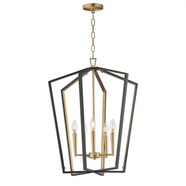Melrose Five Light Pendant in Black / Natural Aged Brass