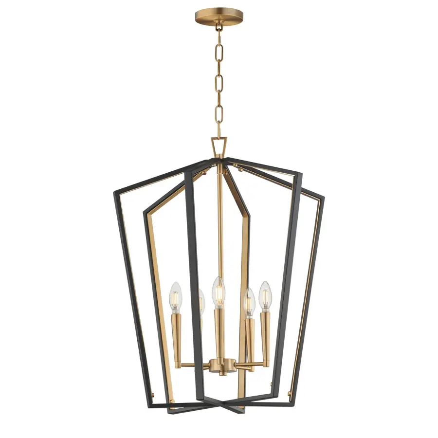 Melrose Five Light Pendant in Black / Natural Aged Brass