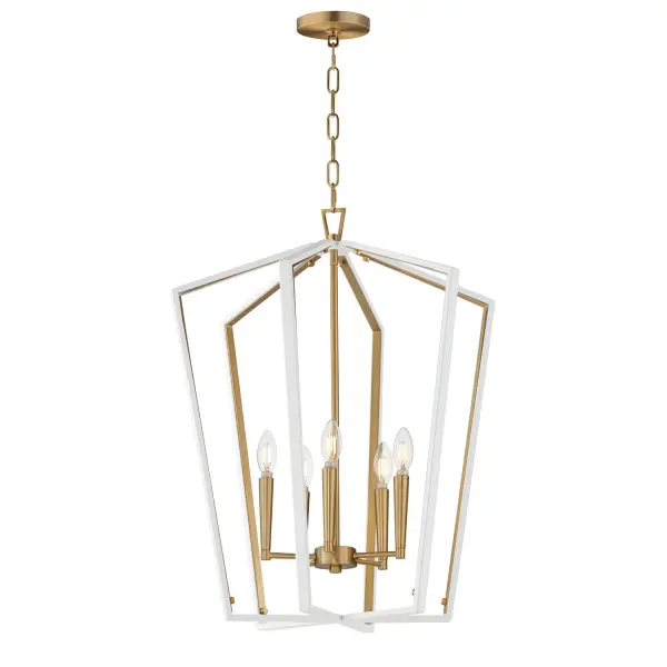 Melrose Five Light Pendant in White/Natural Aged Brass