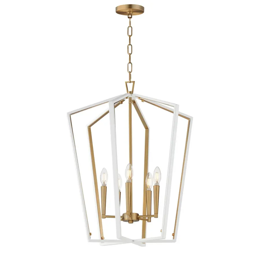 Melrose Five Light Pendant in White/Natural Aged Brass