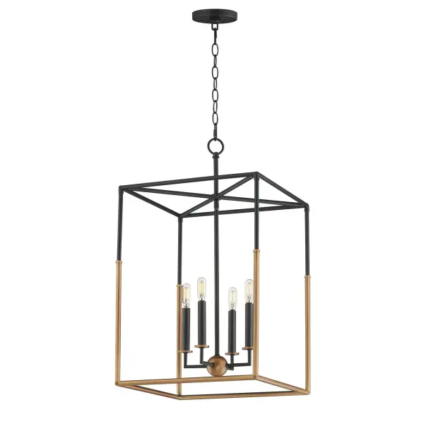 SoHo Four Light Pendant in Black/Weathered Brass