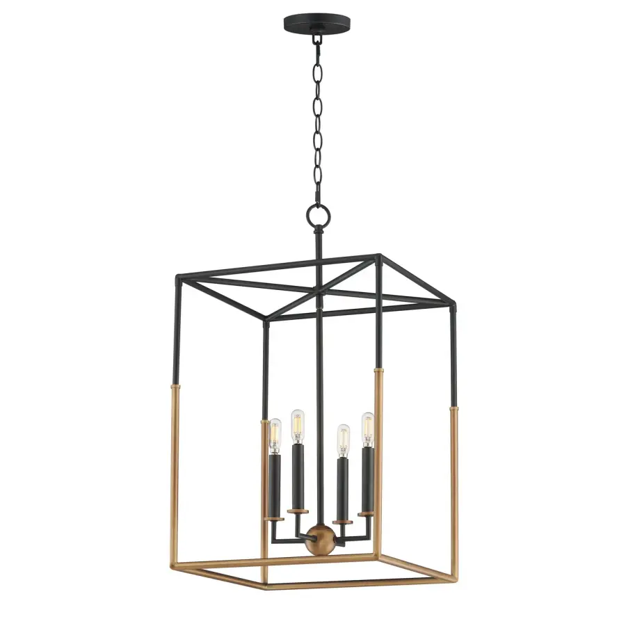 SoHo Four Light Pendant in Black/Weathered Brass