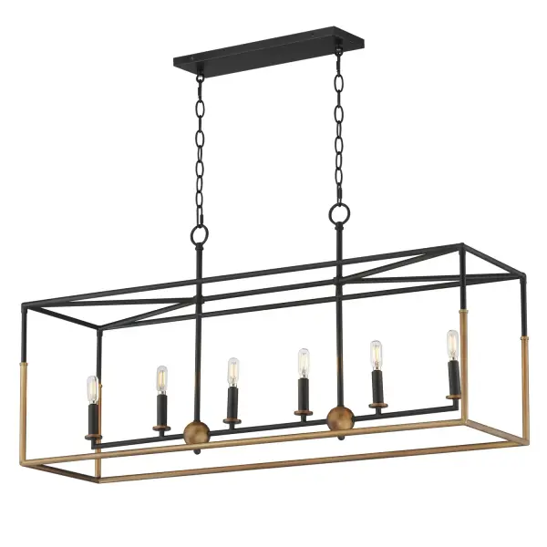 Collection: SoHo Finish: Black/Weathered Brass Width: 12.00" Height: 21.00" Length: 42.00" Weight: 13.10 lb Chain: 36" Wire: 120" Canopy: 15.75"x5"x0.75" Number of Bulbs: 6 Maximum Wattage: 60.00 W Bulb Base: E12 Candelabra Light Source: Incandescent Voltage: 120.00 V Material: Steel Safety Listing: cETLus Manufacturer Warranty: 3 Spec Sheet