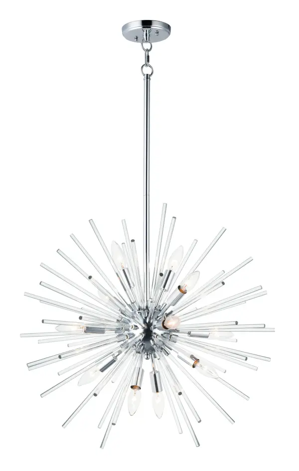 A dazzling burst of Clear glass rods extend from a classic sputnik shape finished in a bright Polished Chrome or warm Satin Brass. Available in two sizes of pendants and as a ceiling fixture, this unique look is a statement piece designed to attract attention.