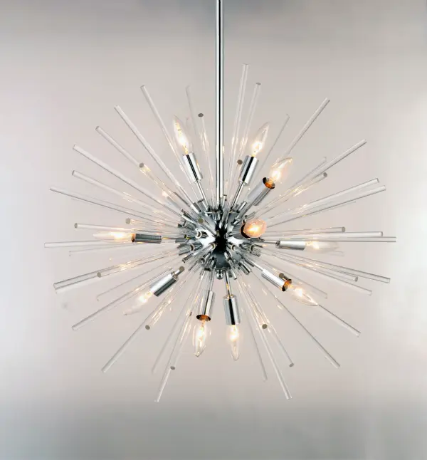A dazzling burst of Clear glass rods extend from a classic sputnik shape finished in a bright Polished Chrome or warm Satin Brass. Available in two sizes of pendants and as a ceiling fixture, this unique look is a statement piece designed to attract attention. - alternate view