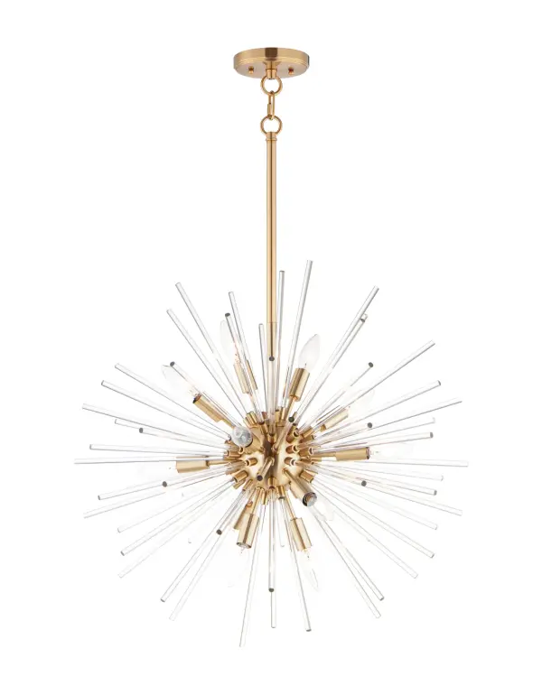 A dazzling burst of Clear glass rods extend from a classic sputnik shape finished in a bright Polished Chrome or warm Satin Brass. Available in two sizes of pendants and as a ceiling fixture, this unique look is a statement piece designed to attract attention. Collection: Polaris Finish: Satin Brass Glass: Clear Width: 23.00" Height: 25.00" Length: 23.00" Weight: 12.76 lb Wire: 120" Canopy: 5"x5"x0.75" Number of Bulbs: 12 Maximum Wattage: 60.00 W Bulb Type: B11 Bulb Base: E12 Candelabra Light Source: Incandescent Dimmable Voltage: 120.00 V Material: Steel+Glass Safety Listing: cETLus Safety Rating: Dry Spec Sheet Instructions Parts Diagram