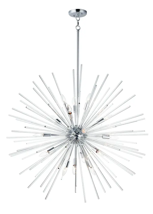 A dazzling burst of Clear glass rods extend from a classic sputnik shape finished in a bright Polished Chrome or warm Satin Brass. Available in two sizes of pendants and as a ceiling fixture, this unique look is a statement piece designed to attract attention.