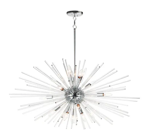 A dazzling burst of Clear glass rods extend from a classic sputnik shape finished in a bright Polished Chrome or warm Satin Brass. Available in two sizes of pendants and as a ceiling fixture, this unique look is a statement piece designed to attract attention.