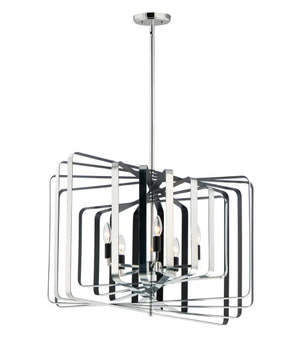 A fun and unique design the features numerous concentric rings finished Black on the outside and Gold on the inside that pivot from a center point. The rings can be configured from completely flat to full repeated symmetry and anything in between to allow flexibility in the design. Collection: Radial Finish: Polished Nickel / Black Width: 30.00" Height: 20.75" Length: 30.00" Weight: 21.34 lb Wire: 120" Canopy: 5"x5"x0.75" Number of Bulbs: 5 Maximum Wattage: 60.00 W Bulb Type: B10 Bulb Base: E12 Candelabra Light Source: Incandescent Dimmable Voltage: 120.00 V Material: Steel Safety Listing: cULus Safety Rating: Dry Manufacturer Warranty: 1 Spec Sheet Instructions Parts Diagram