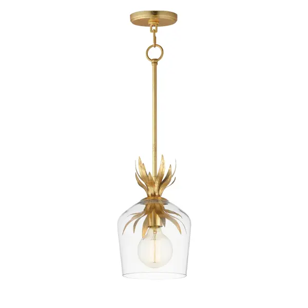 Effortlessly elegant, the biophilic design details that adorn this classic chandelier transport you to an oasis indoors. The design, whether brilliantly gilt in Gold Leaf or hand painted in a textured Anthracite finish, exudes a timeless quality that is sure to please. The graceful form of the chandeliers is constructed of slender metal tubes that sprout from a spherical collector at the center and Off-White metal candle covers. Coordinating Wall Sconces, Pendants and Flush Mount feature matching leaf clusters that allow for coordinating applications throughout the home. Collection: Paloma Finish: Gold Leaf Width: 7.75" Height: 12.00" Length: 7.75" Weight: 3.04 lb Wire: 120" Canopy: 6"x6"x0.75" Number of Bulbs: 1 Maximum Wattage: 60.00 W Bulb Type: E26 Bulb Base: E26 Medium Light Source: Incandescent Dimmable Voltage: 120.00 V Material: Steel, Glass Safety Listing: cETLus Safety Rating: Dry Manufacturer Warranty: 2 Spec Sheet Instructions