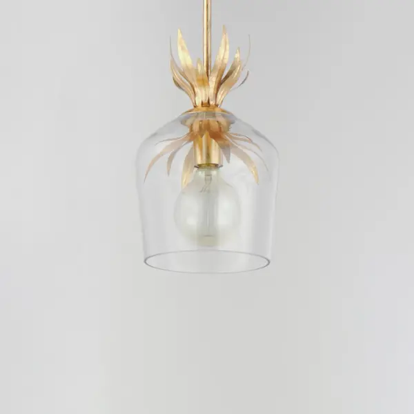 Effortlessly elegant, the biophilic design details that adorn this classic chandelier transport you to an oasis indoors. The design, whether brilliantly gilt in Gold Leaf or hand painted in a textured Anthracite finish, exudes a timeless quality that is sure to please. The graceful form of the chandeliers is constructed of slender metal tubes that sprout from a spherical collector at the center and Off-White metal candle covers. Coordinating Wall Sconces, Pendants and Flush Mount feature matching leaf clusters that allow for coordinating applications throughout the home. Collection: Paloma Finish: Gold Leaf Width: 7.75" Height: 12.00" Length: 7.75" Weight: 3.04 lb Wire: 120" Canopy: 6"x6"x0.75" Number of Bulbs: 1 Maximum Wattage: 60.00 W Bulb Type: E26 Bulb Base: E26 Medium Light Source: Incandescent Dimmable Voltage: 120.00 V Material: Steel, Glass Safety Listing: cETLus Safety Rating: Dry Manufacturer Warranty: 2 Spec Sheet Instructions - alternate view