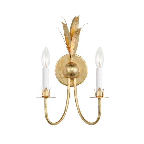 Effortlessly elegant, the biophilic design details that adorn this classic chandelier transport you to an oasis indoors. The design, whether brilliantly gilt in Gold Leaf or hand painted in a textured Anthracite finish, exudes a timeless quality that is sure to please. The graceful form of the chandeliers is constructed of slender metal tubes that sprout from a spherical collector at the center and Off-White metal candle covers. Coordinating Wall Sconces, Pendants and Flush Mount feature matching leaf clusters that allow for coordinating applications throughout the home. Collection: Paloma Finish: Gold Leaf Width: 10.25" Height: 15.75" Weight: 2.42 lb Extension from Wall: 6.00" Wire: 120" Canopy: 4.75"x4.75" Number of Bulbs: 2 Maximum Wattage: 60.00 W Bulb Type: B10 - C10 Bulb Base: E12 Candelabra Light Source: Incandescent Dimmable Voltage: 120.00 V Material: Steel Safety Listing: cETLus Safety Rating: Damp Spec Sheet Instructions