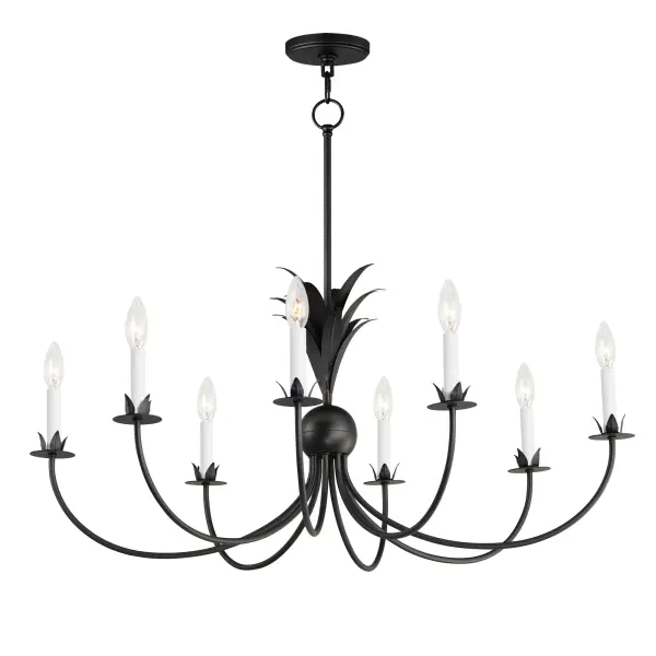 Effortlessly elegant, the biophilic design details that adorn this classic chandelier transport you to an oasis indoors. The design, whether brilliantly gilt in Gold Leaf or hand painted in a textured Anthracite finish, exudes a timeless quality that is sure to please. The graceful form of the chandeliers is constructed of slender metal tubes that sprout from a spherical collector at the center and Off-White metal candle covers. Coordinating Wall Sconces, Pendants and Flush Mount feature matching leaf clusters that allow for coordinating applications throughout the home.