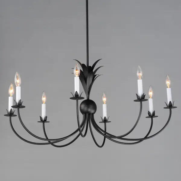 Effortlessly elegant, the biophilic design details that adorn this classic chandelier transport you to an oasis indoors. The design, whether brilliantly gilt in Gold Leaf or hand painted in a textured Anthracite finish, exudes a timeless quality that is sure to please. The graceful form of the chandeliers is constructed of slender metal tubes that sprout from a spherical collector at the center and Off-White metal candle covers. Coordinating Wall Sconces, Pendants and Flush Mount feature matching leaf clusters that allow for coordinating applications throughout the home. - alternate view