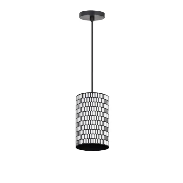 With bold geometry and a globally inspired edge, the Shaka collection makes a statement in simplicity. Each cylindrical drum shade is hand-finished in hammered metal, etched with an elongated oval pattern that adds visual rhythm and soft texture. The light casts downward in warm tones made even more distinct by your choice of two finishes: a striking Black with White contrast or rich Antique Brass. Available in multiple pendant sizes and a swing arm wall sconce, the collection brings a refined, sculptural element to modern interiors. Collection: Shaka Finish: Black / White Width: 8.00" Height: 12.00" Length: 8.00" Weight: 3.63 lb Wire: 120" Canopy: 5"x5"x0.75" Number of Bulbs: 1 Maximum Wattage: 60.00 W Bulb Type: E26 Bulb Base: E26 Medium Light Source: Incandescent Voltage: 120.00 V Material: Steel Safety Listing: cULus Safety Rating: Dry Spec Sheet