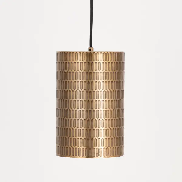 With bold geometry and a globally inspired edge, the Shaka collection makes a statement in simplicity. Each cylindrical drum shade is hand-finished in hammered metal, etched with an elongated oval pattern that adds visual rhythm and soft texture. The light casts downward in warm tones made even more distinct by your choice of two finishes: a striking Black with White contrast or rich Antique Brass. Available in multiple pendant sizes and a swing arm wall sconce, the collection brings a refined, sculptural element to modern interiors. Collection: Shaka Finish: Weathered Brass Width: 8.00" Height: 12.00" Length: 8.00" Weight: 3.63 lb Wire: 120" Canopy: 5"x5"x0.75" Number of Bulbs: 1 Maximum Wattage: 60.00 W Bulb Type: E26 Bulb Base: E26 Medium Light Source: Incandescent Voltage: 120.00 V Material: Steel Safety Listing: cULus Safety Rating: Dry Spec Sheet - alternate view