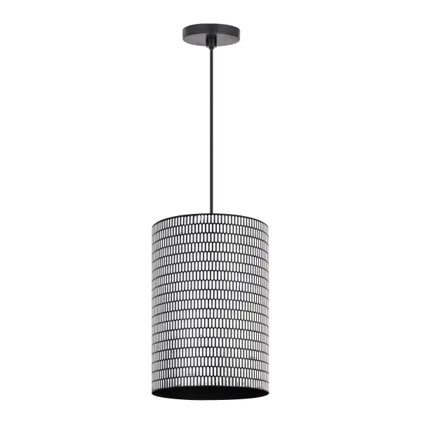 With bold geometry and a globally inspired edge, the Shaka collection makes a statement in simplicity. Each cylindrical drum shade is hand-finished in hammered metal, etched with an elongated oval pattern that adds visual rhythm and soft texture. The light casts downward in warm tones made even more distinct by your choice of two finishes: a striking Black with White contrast or rich Antique Brass. Available in multiple pendant sizes and a swing arm wall sconce, the collection brings a refined, sculptural element to modern interiors. Collection: Shaka Finish: Black / White Width: 14.00" Height: 20.00" Length: 14.00" Weight: 11.11 lb Wire: 120" Canopy: 5"x5"x0.5" Number of Bulbs: 1 Maximum Wattage: 100.00 W Bulb Type: E26 Bulb Base: E26 Medium Light Source: Incandescent Voltage: 120.00 V Material: Steel Safety Listing: cULus Safety Rating: Dry Spec Sheet