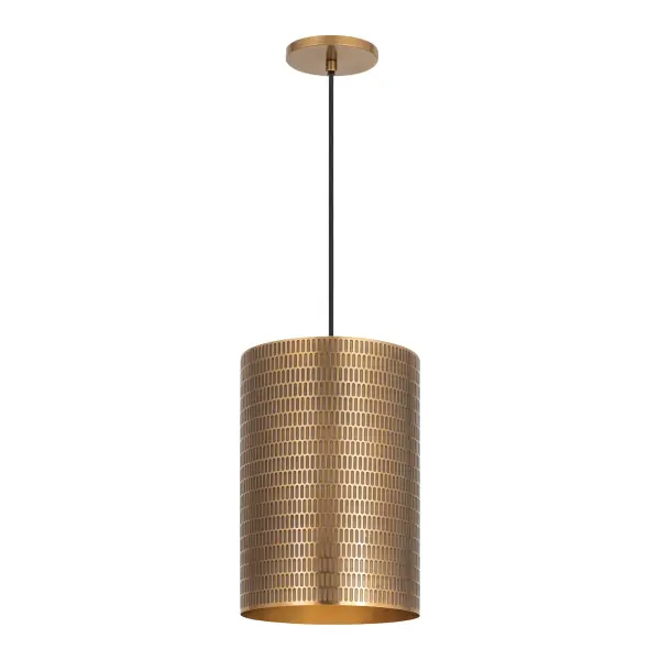 With bold geometry and a globally inspired edge, the Shaka collection makes a statement in simplicity. Each cylindrical drum shade is hand-finished in hammered metal, etched with an elongated oval pattern that adds visual rhythm and soft texture. The light casts downward in warm tones made even more distinct by your choice of two finishes: a striking Black with White contrast or rich Antique Brass. Available in multiple pendant sizes and a swing arm wall sconce, the collection brings a refined, sculptural element to modern interiors. Collection: Shaka Finish: Weathered Brass Width: 14.00" Height: 20.00" Length: 14.00" Weight: 11.11 lb Wire: 120" Canopy: 5"x5"x0.5" Number of Bulbs: 1 Maximum Wattage: 100.00 W Bulb Type: E26 Bulb Base: E26 Medium Light Source: Incandescent Voltage: 120.00 V Material: Steel Safety Listing: cULus Safety Rating: Dry Spec Sheet